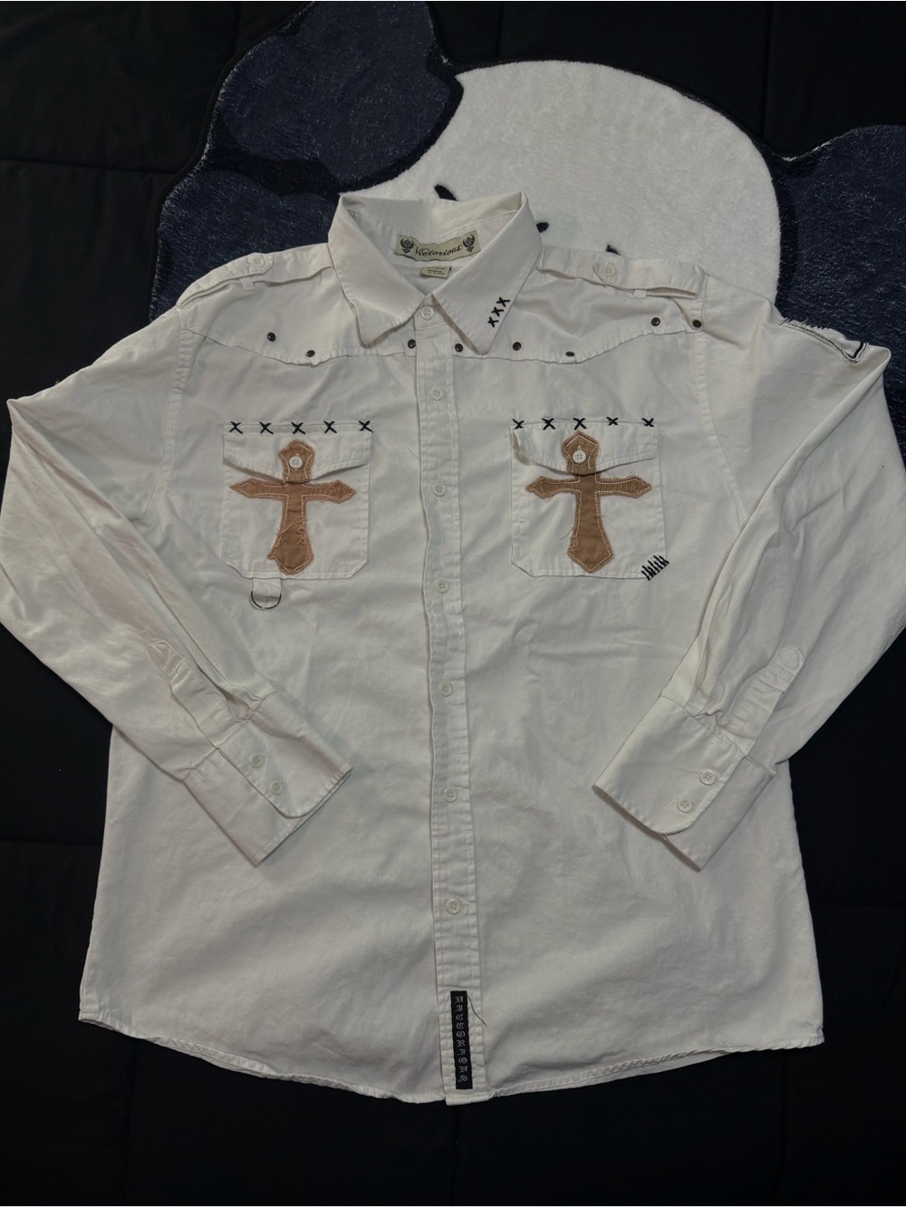 Embroidered Cross Pocket White Button-Down Shirt